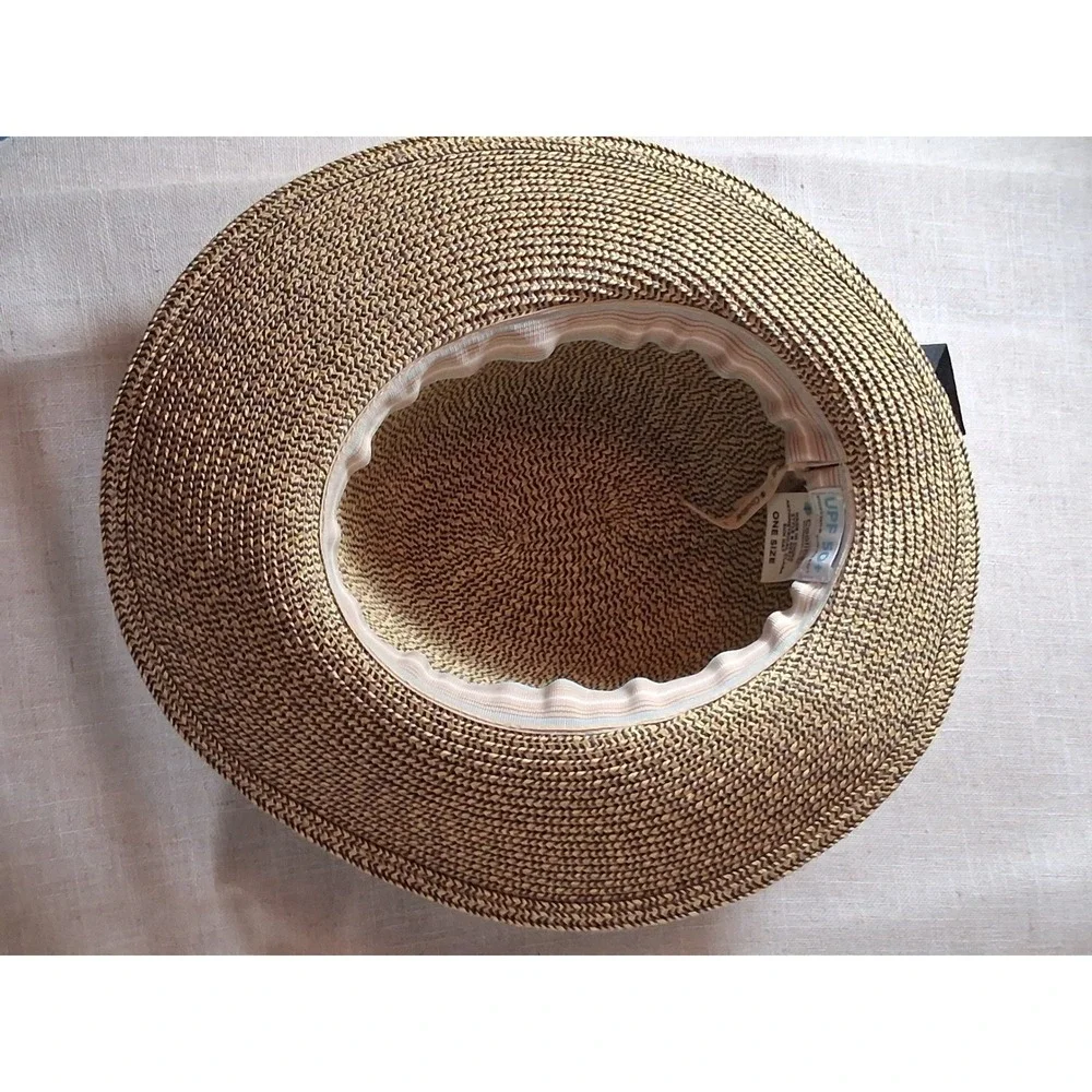 Coolibar Asymmetrical Clara Sun Hat UPF 50+ Straw Bow Ribbon Tan Black 02377